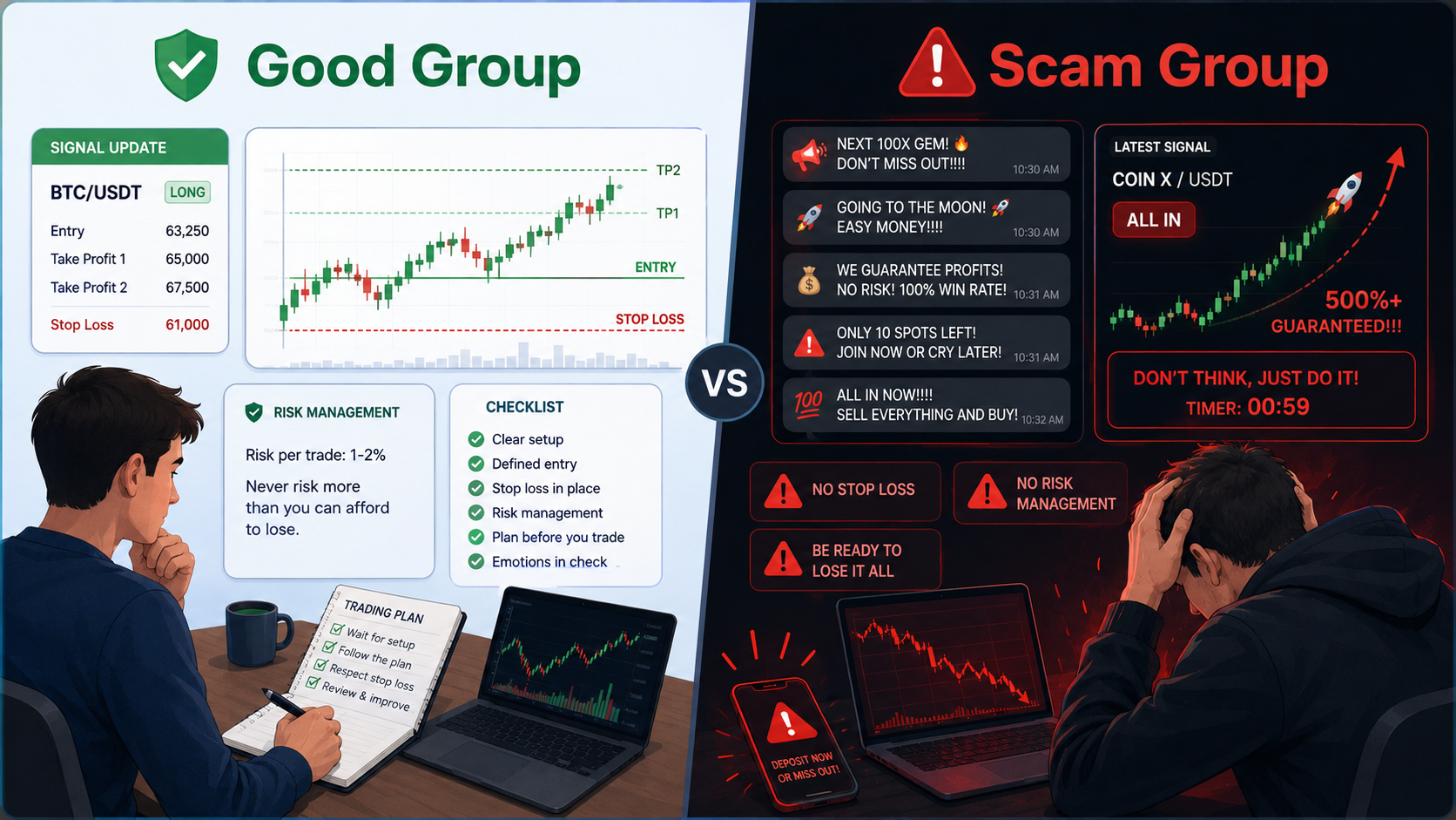 Comparison graphic showing a good signal group versus a scam signal group