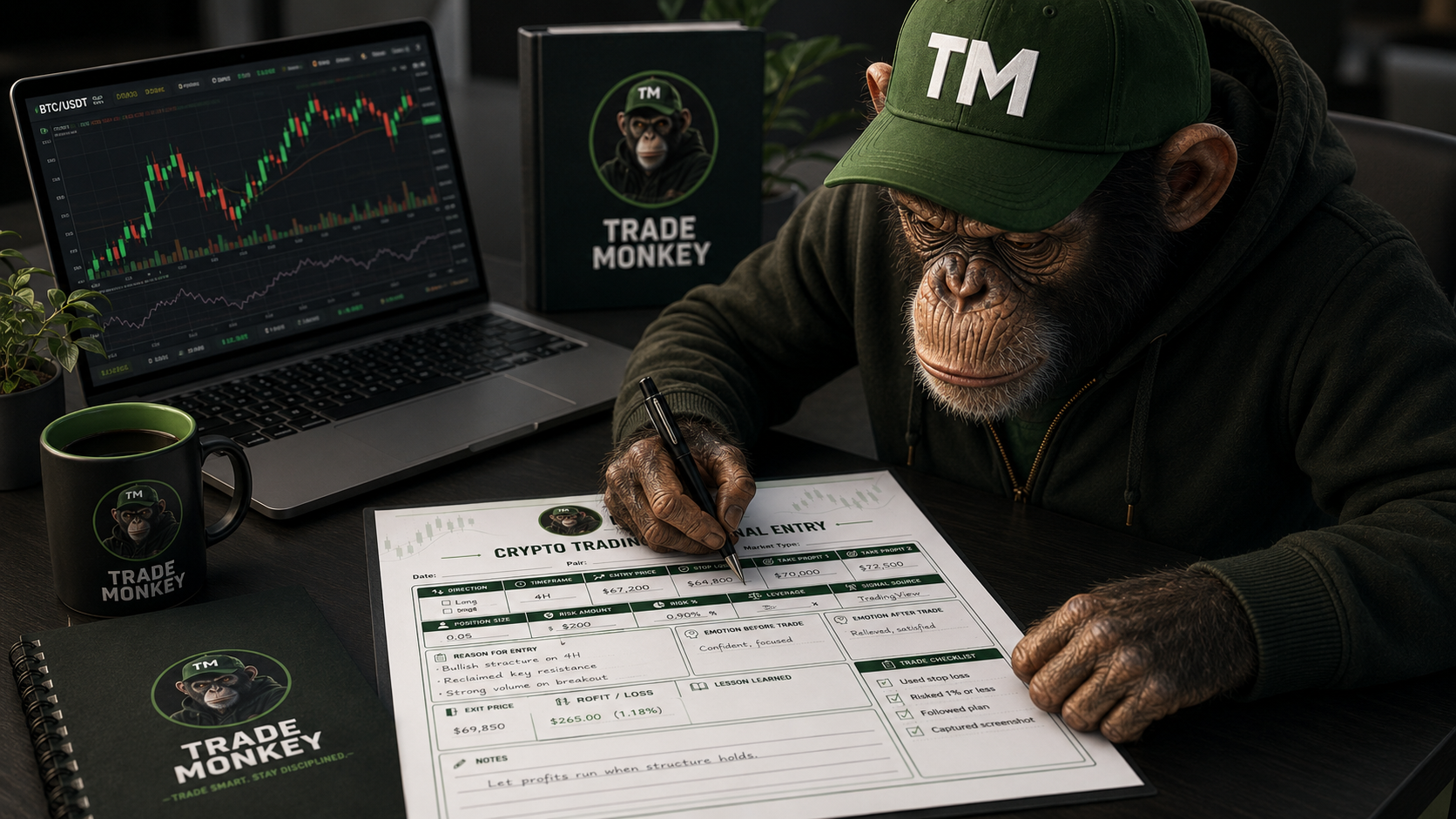Trade Monkey journal worksheet example showing the fields used to review a trade