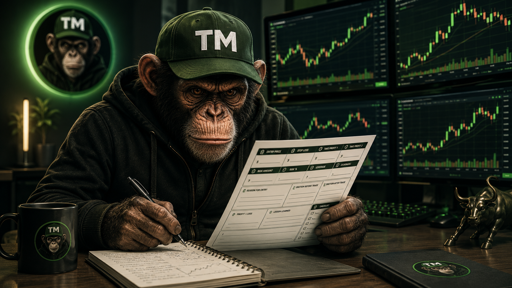 Trade Monkey journal template visual showing a trader reviewing charts and filling out a trading journal page