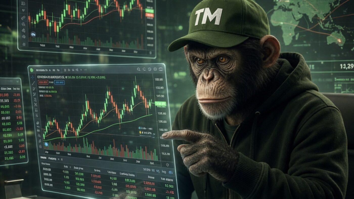Trade Monkey signal reading hero image with charts and realistic TM portrait