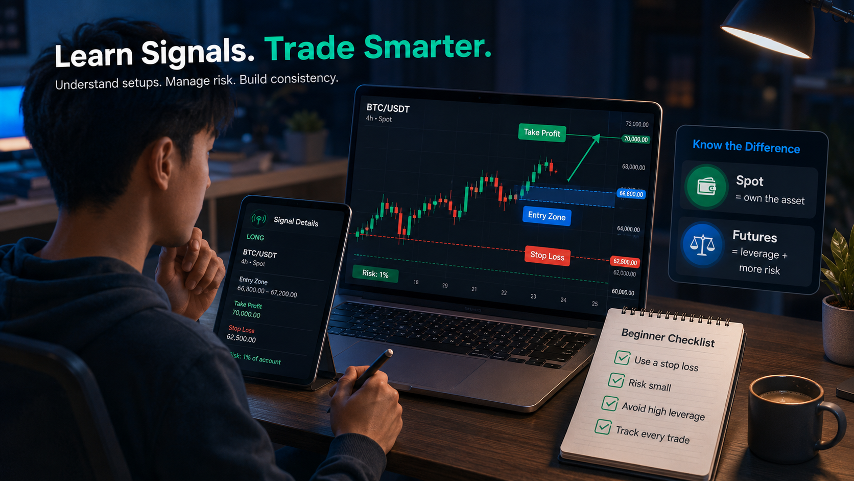 Beginner desk setup showing a spot signal example, risk note, and checklist for safer crypto trading
