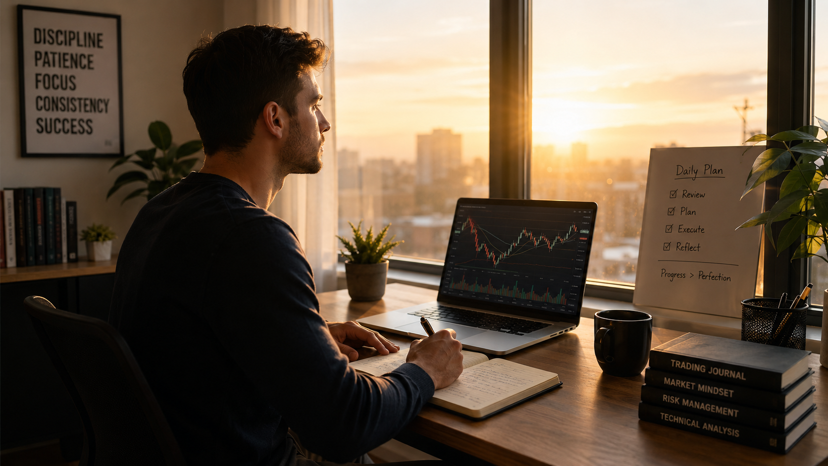Beginner trader at sunrise reviewing charts, journal notes, and a daily plan before the market session begins