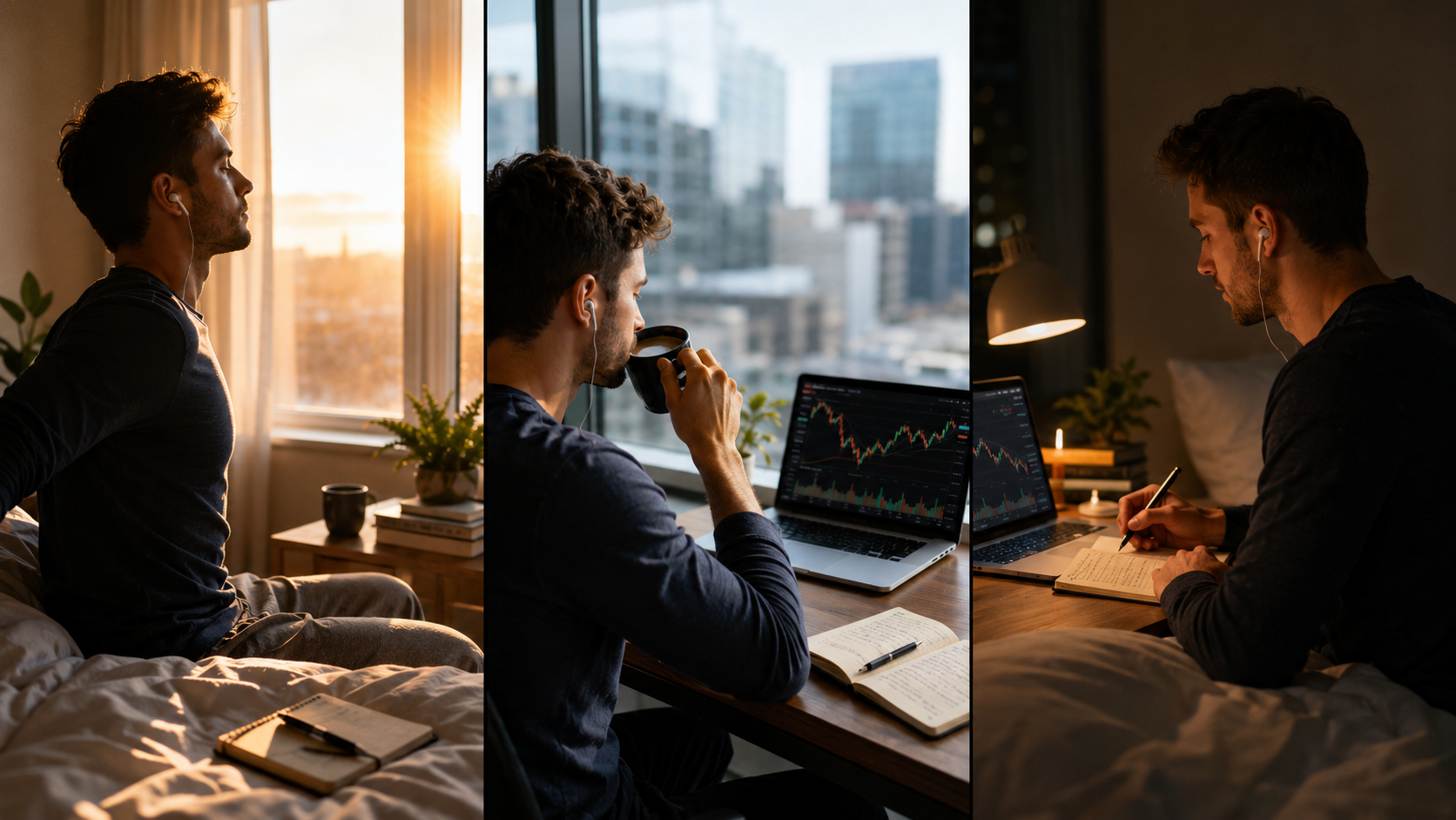 Three-part routine showing a trader listening to mindset audio in the morning, at midday, and before sleep