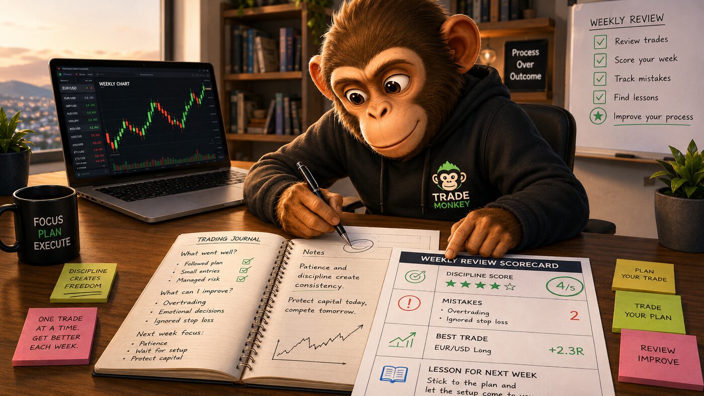 Trade Monkey weekly review detail showing a beginner scorecard, trade journal notes, and review checklist