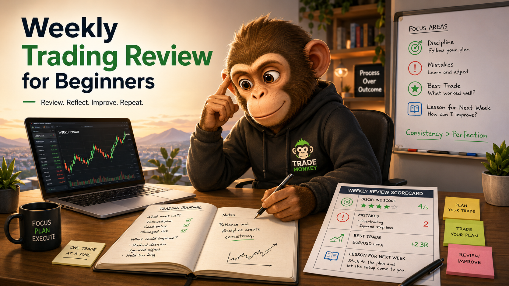 Trade Monkey weekly trading review hero showing a beginner scorecard, journal notes, and process-over-outcome mindset