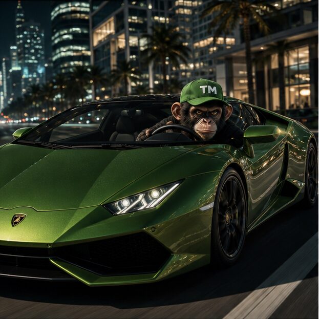Trade Monkey driving a green supercar