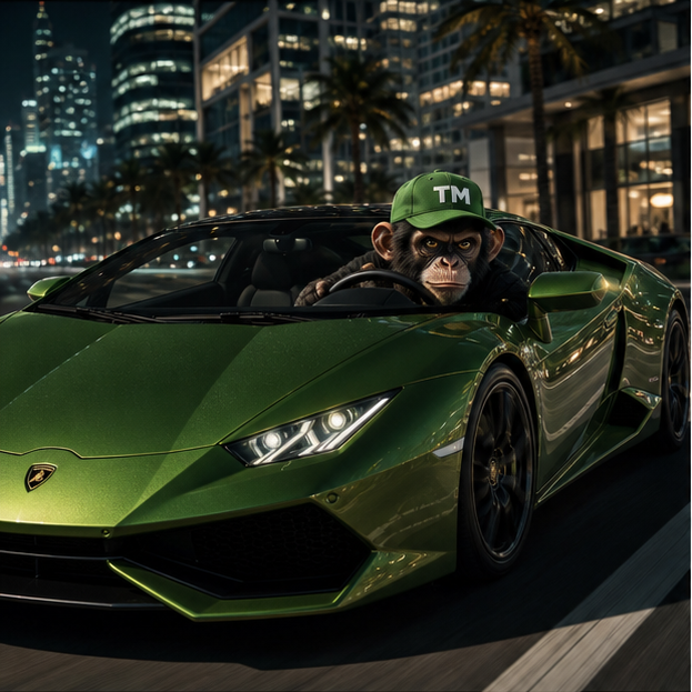 Trade Monkey driving a green supercar
